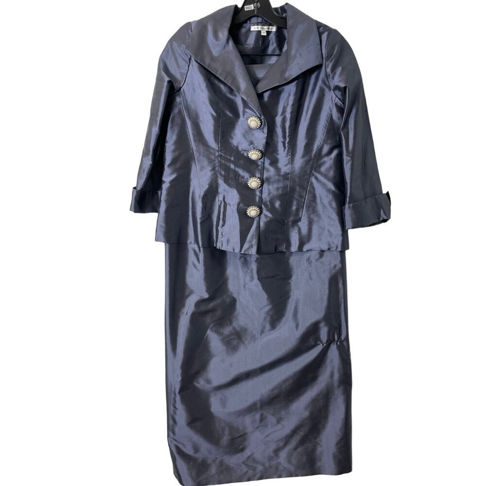 100% Silk Navy Satin Blazer & Skirt Suit